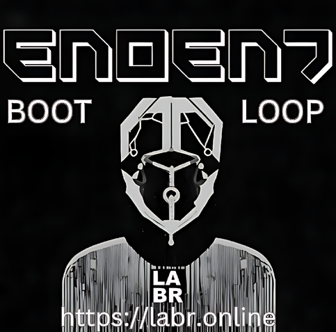 Black and white. Black Background with white accents around Enoent's name. The words boot loop in capitals under that. A picture of a figures shaped into a person. The labr logo in black & white "black background, & white letters" on the persons shirt right under their collar. And the website under that. https://labr.online