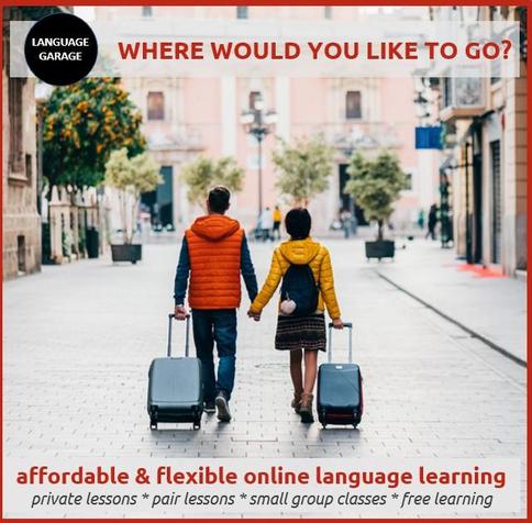 Affordable, effective, and enjoyable online language tutoring, one-on-one lessons, small group classes, and free self study materials. Image of a couple walking hand in hand with luggage.