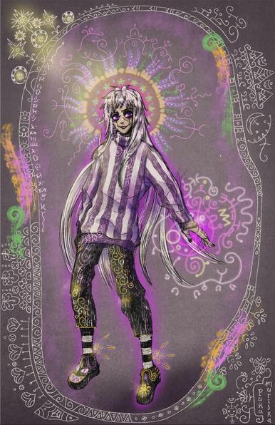 Ilustración digital en un estilo desprolijo, lleno de líneas sucias y manchas de colores, de un personaje levitando, con pelo largo y blanco algo despeinado, sonriente y lleno de costuras, tiene un sweater a rayas violetas y blancas, pantalones bermuda, medias a rayas blancas y negras y zapatillas negras con mamarrachos de colores. Tiene la mano izquierda algo levantada, y salen símbolos mágicos random de ahí, de energía magenta brillante. Alrededor de su cabeza hay un halo en forma de pétalos de flor de pasionaria. Alrededor del personaje hay un borde decorativo, en la esquina superior izquierda hay ocho estrellas garabateadas que iluminan al personaje.