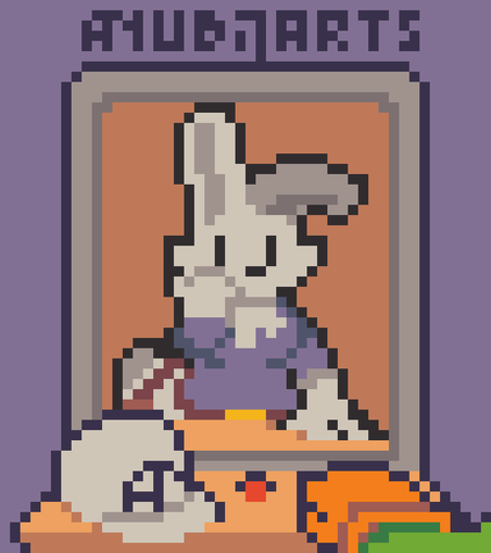 A Pixel Art featuring a green fella staring at the mirror, with one of their hands resting on the shelf close to it. The reflection on the Mirror reveals Abuni being on the other side, who also has one hand resting on the shelf, with the other being placed on her cheek. There are a hat with the initials of "AN" and a clown nose at the shelf from our side.