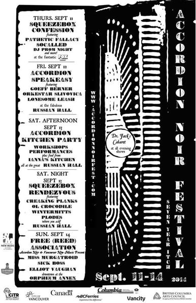 Accordion Noir Festival poster 2014 year seven. Big picture of an accordion with artists names all down the keyboard. Includes Miss Murgatroid, Geoff Berner, SoCalled, Lonesome Leash, the Creaking Planks, the Plodes, etc.