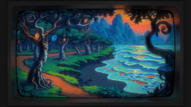 Pixel art of a coastline sculpted from dreams, where the earth breathes in hues of rust and the path unfurls like a ribbon of forgotten memory, ascending towards a horizon steeped in molten light. Trees, ancient sentinels with roots that claw at the soil like grasping hands, bear fruit of captured starlight, spheres of sapphire, emerald, and topaz suspended in their emerald embrace. The shoreline, a dark mirror reflecting the sky’s blush, cradles turquoise waters where white crests bloom and dissolve like fleeting thoughts. Jagged mountains, a spine of jade piercing the heavens, wear a hazy cloak of distance, while a solitary branch, a dark calligraphy stroke, frames the scene, echoing the curve of the shore and binding the landscape in a silent, looping narrative. The light itself is a spilled chalice, its warmth pooling across the scene, a benediction upon the land, and the peaks are veiled in a breath of amethyst and gold. The image has a CRT filter applied.