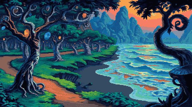 Pixel art of a coastline sculpted from dreams, where the earth breathes in hues of rust and the path unfurls like a ribbon of forgotten memory, ascending towards a horizon steeped in molten light. Trees, ancient sentinels with roots that claw at the soil like grasping hands, bear fruit of captured starlight, spheres of sapphire, emerald, and topaz suspended in their emerald embrace. The shoreline, a dark mirror reflecting the sky’s blush, cradles turquoise waters where white crests bloom and dissolve like fleeting thoughts. Jagged mountains, a spine of jade piercing the heavens, wear a hazy cloak of distance, while a solitary branch, a dark calligraphy stroke, frames the scene, echoing the curve of the shore and binding the landscape in a silent, looping narrative. The light itself is a spilled chalice, its warmth pooling across the scene, a benediction upon the land, and the peaks are veiled in a breath of amethyst and gold.