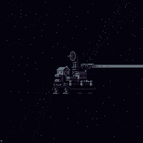 What looks like a rural house with some sort of rocket engine and a satellite dish tower and landing gear under it traveling at full speed in space with stars in the background