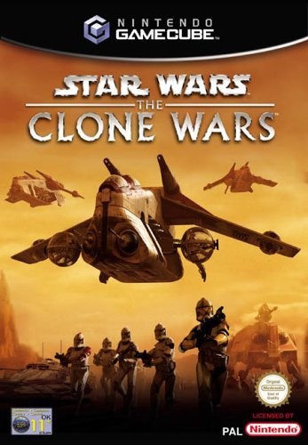 Gamecube box art for Star Wars The Clone Wars. It shows a prominent Clone Trooper transport ship that was seen in Attack of the clones, taking off whilst on the ground a squad of 5 clones is advancing, whilst being followed by an ATTE Walker and a hover tank.