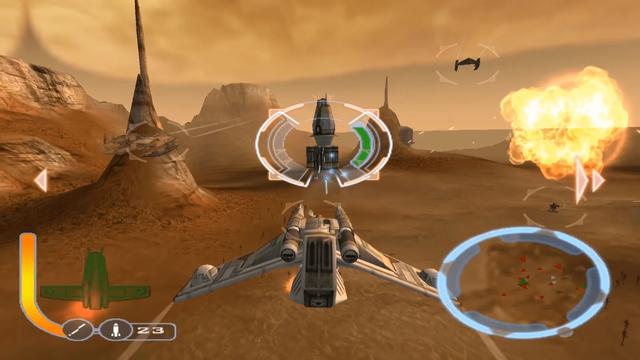 A screenshot from Star Wars The Clone Wars. It shows the player flying a trooper transport, flying towards a large droid army ship, a few droid Fighters can be seem flying around, highlighted by a little reticle.