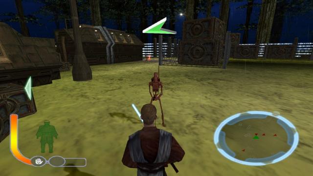 A screenshot from Star Wars The Clone Wars. It shows the player playing as Analin Skywalker approaching a battle droid in a fenced compound.