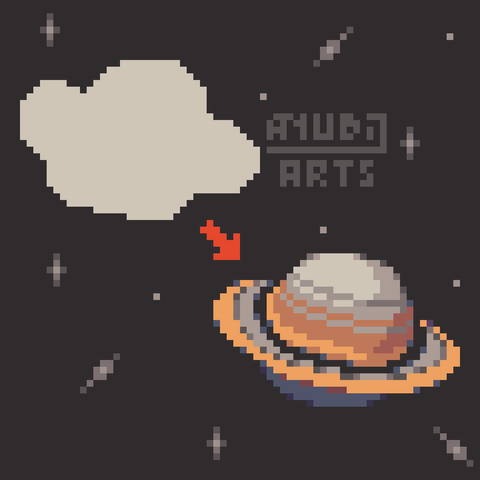 A Pixel Art featuring a random blob shape, which was later turned into a planet reminiscent of Saturn. There's some stars in the background too.