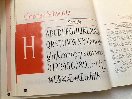Detail from the Creative Alliance 9.0 catalog with a specimen for Morticia (1995) by Christian Schwartz, who writes on his website: “This typeface is the worst of my worst. I was wondering, ‘what if serifs were curly?’ The answer is that they would look awful. This was my first attempt at drawing something ‘original’. The proportions are all over the place, and the characters don't really go together. In the mid-90s, a lot of designers were attempting to salvage bad or uninteresting typefaces by giving them rough edges, and this is a prime example of that. I’m just glad I didn't draw any additional weights.”  — http://www.christianschwartz.com/morticia.shtml