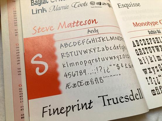 Detail from the Creative Alliance 9.0 catalog with a specimen for Steve Matteson’s Andy (1993), alongside name samples for Fineprint (1999) and Truesdell (1994)