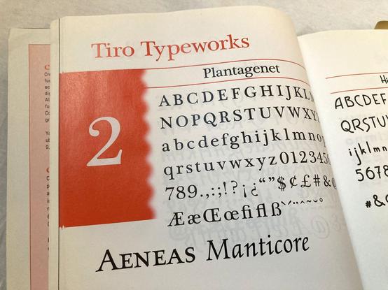 Detail from the Creative Alliance 9.0 catalog with a specimen for Plantagenet (1995) by Tiro Typeworks, alongside name samples for Aeneas (1994) and Manticore (1995)