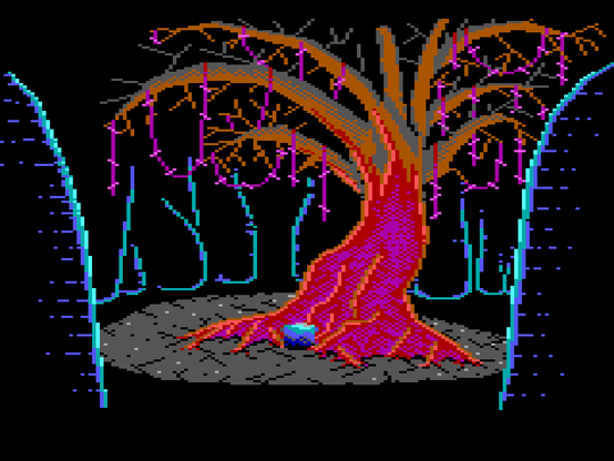 An overgrown clearing with a dying tree at the center. Towards the roots the tree's bark is brightly colored which fades to ashen gray and browns as it grows into its branches which are covered in a pink vine with pink flowers. The tree has no leaves or flowers of its own.