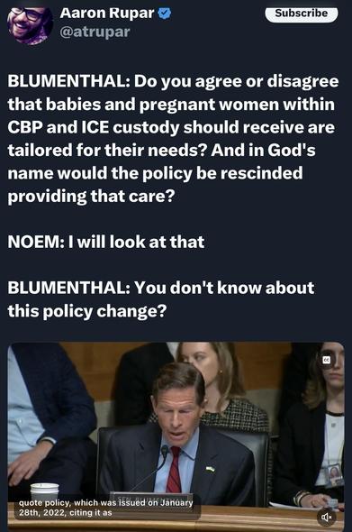 The image shows a screenshot of a social media post featuring a conversation during a Senate hearing. Senator Blumenthal questions an official about the care provided to babies and pregnant women in CBP and ICE custody. The dialogue highlights concerns over policy and its implications…