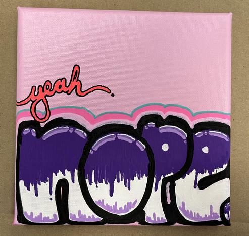 a small painting i did that says "yeah nope" on a pale pink background. the letters are shaded in purple and white and outlined in pink and aqua green.