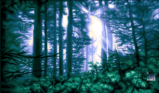 A screenshot of a low resolution pixel art landscape. It is a painting of a subtropical forest, showing silhouettes of coniferous and deciduous trees against  powerful sunlight in the background.