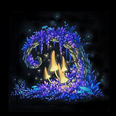 A painting on black paper of glowing yellow mushrooms on a twisting tree branch overgrown with purple moss. Tiny fairies hover around the mushrooms.