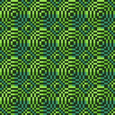 A pixel op-art piece where closely packed concentric circles in different hues of green appear to be 3D.