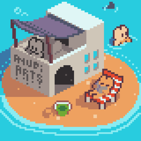 A Pixel Art featuring some anthropomorphic, chibi characters on a tiny beach island. One of them is tanning on a chair, the other is staring from a building towards the ocean, being protected from the sun due to a homemade "roof", and another is on the water, with what seems like a shark behind them.

The title "break day" is a subtle reference to how tomorrow there won't be new art by me.