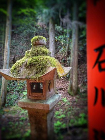 Une lanterne de pierre Japonaise dont le dessus est recouvert de mousse verte. A droite un poteau de Tori rouge avec des kanjis noirs sculptés. 

En arrière plan la foret.