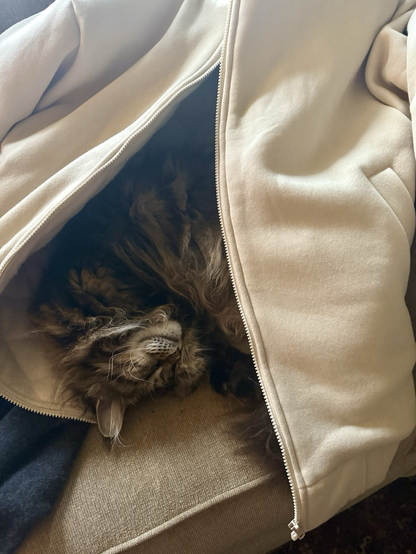 A very fluffy tabby is curled up inside a hoodie on the couch. Her face and one tufted ear can be seen peeking our from between the sides of the zipper. She looks to be blissfully asleep, likely because Emily was in there earlier and this fluffy troll stole her spot. She loves to do that.