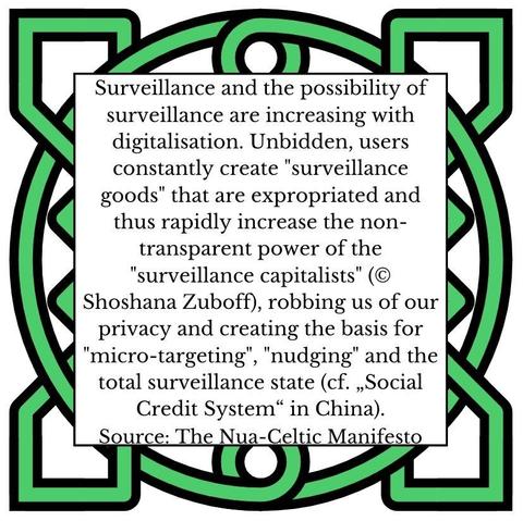 Surveillance and the possibility of surveillance are increasing with digitalisation. Unbidden, users constantly create "surveillance goods" that are expropriated and thus rapidly increase the non-transparent power of the "surveillance capitalists" (© Shoshana Zuboff), robbing us of our privacy and creating the basis for "micro-targeting", "nudging" and the total surveillance state (cf. „Social Credit System“ in China). Source: The Nua-Celtic Manifesto