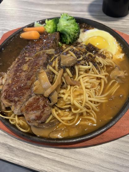 Steak with peppercorn and mushroom sauce.