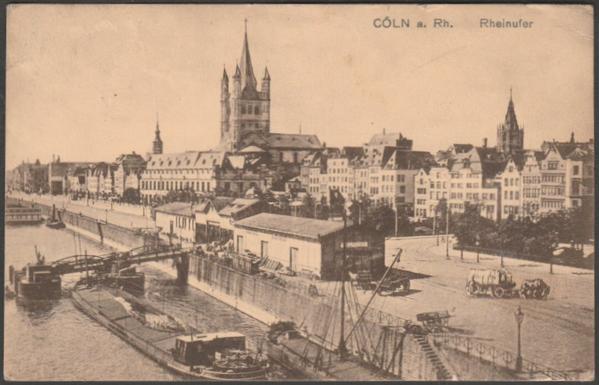Printed sepia postcard showing a view of the bank of the River Rhine at Cologne in Germany.

Published by Heiss & Co, Cöln-Lindenthal, No 154.

Postally used on 21 February 1919 with Field Post Office C2 cancellation and Passed by Censor 698 and sent by Private G Hatch to his sister, Mrs Florence Whitmore, Wisteria Cottage, Cookham, near Maidenhead, Berkshire, England.

Good condition, with slight corner bumps, but light creasing to top right corner.