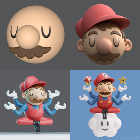 Creation stages of a cartoon-style 3D Mario game character sitting on a cloud with four arms in a god-like pose. The famous mushroom and star characters are floating above two of his hands.