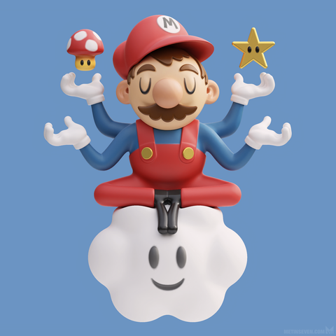 SDF Modeler 3D rendering, showing a cartoon-style Mario game character sitting on a cloud with four arms in a god-like pose. The famous mushroom and star characters are floating above two of his hands.