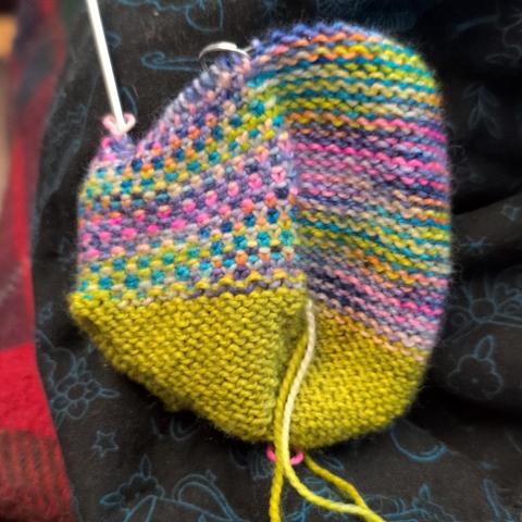 The start of a toe-up handknit sock in progress. The sole part on the left is noticably shorter than the top part on the right. The variegated yarn has pooled into diagonal stripes of yellow/blue and pink/purple. The toe is green and has some dangling yarn because the sock is inside out.