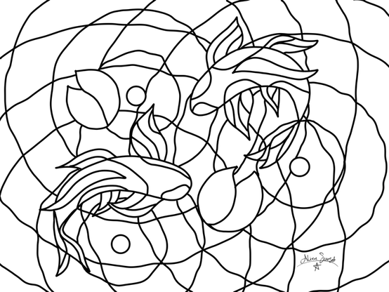 a black and white line drawing of two koi swimming in a pool with lily pads and ripples.