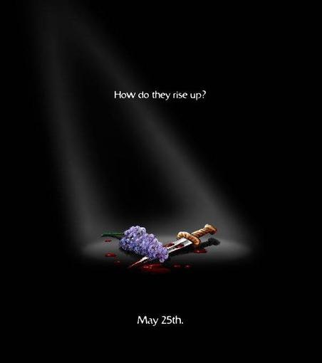 Illustration of a lilac flower crossed with a bloody dagger with the words "How do they rise up?! and "May 25th" appearing above and below them respectively, and a pitch black background behind them as they are directly hit by a single source of light from above.