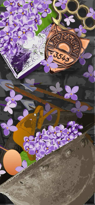 A collage image that depicts an eye patch, cross bow bolts, a helmet, a silver cigar case, a lot of lilac flowers, brass knuckles, a city watch badge, and a hard boiled egg scattered over cobblestones.