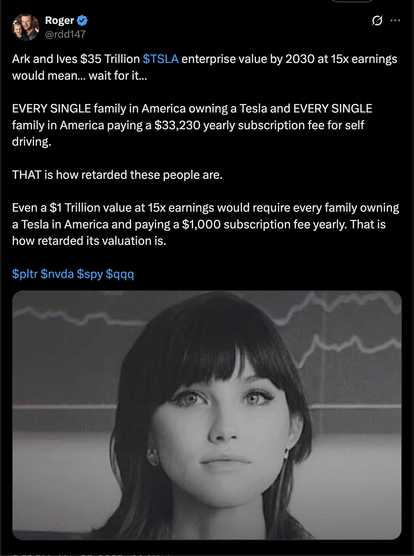 @rdd147
Ark and Ives $35 Trillion $TSLA enterprise value by 2030 at 15x earnings would mean… wait for it…

EVERY SINGLE family in America owning a Tesla and EVERY SINGLE family in America paying a $33,230 yearly subscription fee for self driving. 

THAT is how retarded these people are.

Even a $1 Trillion value at 15x earnings would require every family owning a Tesla in America and paying a $1,000 subscription fee yearly. That is how retarded its valuation is.

$pltr $nvda $spy $qqq