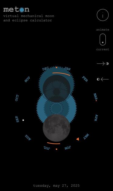 Virtueller Mondphasenrechner „Meton“, der für den 27. Mai Neumond berechnet und anzeigt.