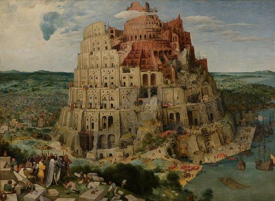 “Tower of Babel” (nid. De bouw van de toren van Babel). 1563. Wood, oil. 114 × 155 cm. Museum of Art History, Vienna, Austria.

The painting depicts the biblical story of the Tower of Babel, capturing humanity's ambitious yet doomed attempt to reach heaven by constructing a monumental tower. Bruegel reimagines the tower as a colossal, spiraling structure resembling the Roman Colosseum, intricately detailed with arches, scaffolding, and construction activity. The tower dominates the landscape, its upper levels disappearing into low clouds—symbolizing both human pride and divine disapproval.

https://en.wikipedia.org/wiki/Origin_of_language#/media/File:Pieter_Bruegel_the_Elder_-_The_Tower_of_Babel_(Vienna)_-_Google_Art_Project.jpg