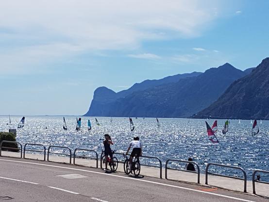 Das Bild zeigt eine malerische Szene am Ufer eines großen Sees, wahrscheinlich ein See in Italien, wie der Gardasee. Im Vordergrund sind zwei Radfahrer auf einem gepflasterten Weg zu sehen, der parallel zum Wasser verläuft. Sie genießen den Blick auf das glitzernde Wasser, auf dem zahlreiche Windsurfboote mit bunten Segeln unterwegs sind. Im Hintergrund erheben sich majestätische Berge, die den See umgeben und eine beeindruckende Kulisse bilden. Der Himmel ist klar und blau, was auf einen sonnigen Tag hinweist. Die gesamte Szene strahlt eine ruhige und entspannte Atmosphäre aus, die die Schönheit der Natur und die Freude am Freizeitvergnügen hervorhebt.