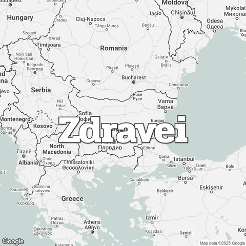 Map of Bulgaria overlaid with a translation of the word "hello": Zdravei.