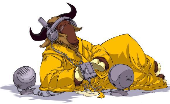 Anthropomorphic gnu in a golden monk's robe, listening to a cassette player with both headphones and speakers.