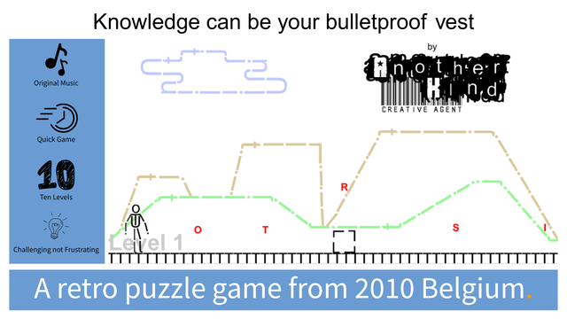 Marketing image for the video game 'Knowledge can be your bulletproof vest' shows a ASCII-styled landscape with a stick-figure character and letters.

A logo shows that the game was created by Another Kind Creative Agent. 

Along the left side are game features: original music, quick game, ten levels, and challenging not frustrating.

At the bottom: A retro puzzle game from 2010 Belgium.