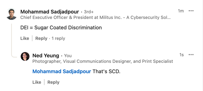 Mohammad Sadjadpour - 3rd+
Chief Executive Officer & President at Militus Inc. - A Cybersecurity Sol...

DEI = Sugar Coated Discrimination

Ned Yeung - You
Photographer, Visual Communications Designer, and Print Specialist

Mohammad Sadjadpour That's SCD.