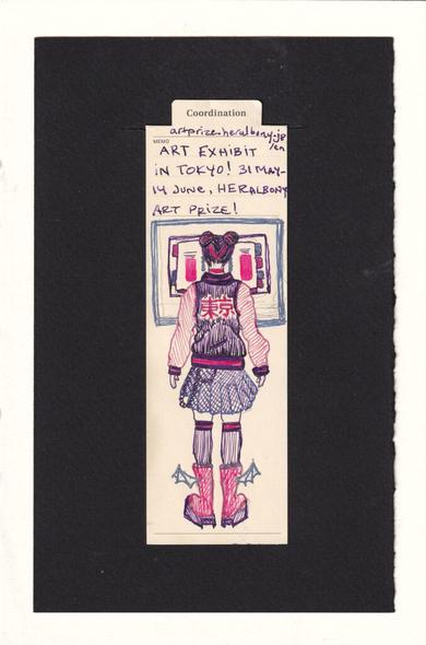 We are looking at a figure from behind, who in turn is looking at some art. The piece is all in three colors, vibrant pink, dark purple, and silver-blue. The figure is wearing Japanese street fashion, including a bomber jacket with the kanji for "Tokyo" on the back, with a mini-skirt with chain, stockings, and Vivienne Westwood boots modified with bat wings attached. Their hair is in two buns high on their head, mostly dark, with streaks of pink. They have a pink choker and silver-blue earrings. The art they are looking at is abstractly rendered as geometric shapes. Two bookmark-shaped pieces frame the figure's head tot he left and right, and are part of a larger rectangular piece.