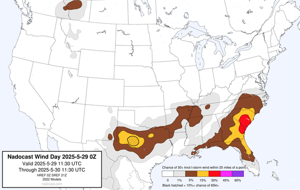 0z Day #Wind Forecast - map of the United States depicting areas of wind risk using various colors