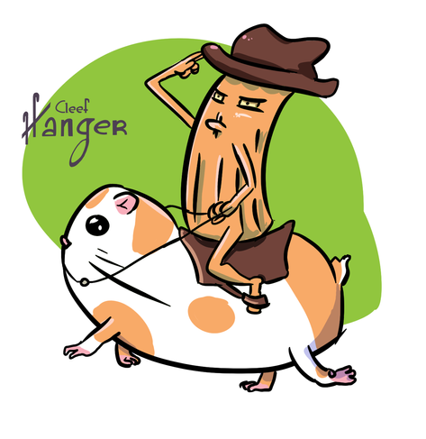 Old version of "Churro riding a hamster while making a salute". This version has a hamster that looks like a potato with orange patches and an angry churro saluting with a hand that seems to be the left but was drawn as the right.