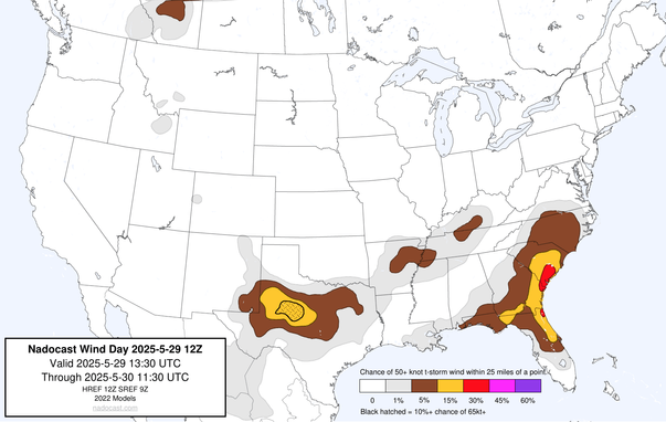 12z Day #Wind Forecast - map of the United States depicting areas of wind risk using various colors