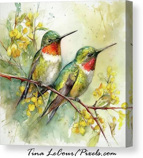 This is a watercolor canvas of a pair of pretty ruby throated hummingbirds perched on a branch together with yellow blossom flowers.