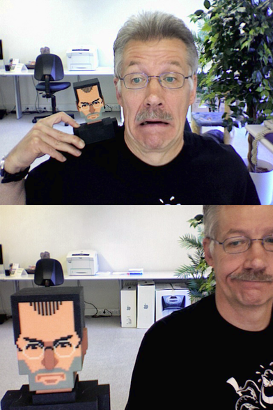 Photo of a man holding a 3D print of my Steve Jobs bust design.