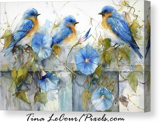 This is a watercolor canvas of three eastern bluebirds perched on a fence with morning glory flowers.