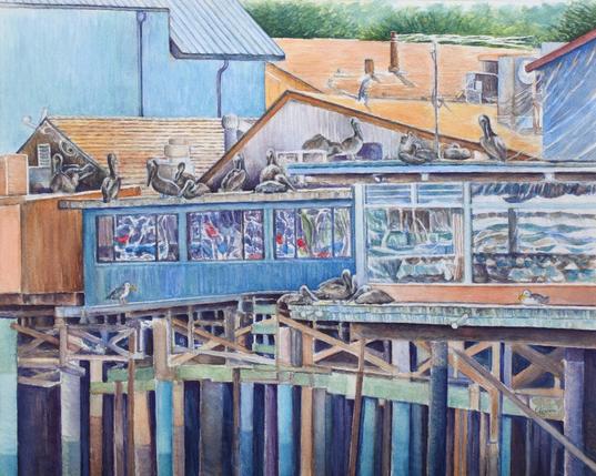 Watercolor painting of Old Fisherman's Wharf in Monterey, California. Detailed painting of buildings, pelicans on rooftops, reflections in windows.