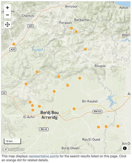 A map of a portion of modern Algeria depicting the landscape using shaded relief and labeling a few key settlements, rivers, and modern roads including Bordj Bou Arreridjj (shown in the lower left quadrant of the map). Eighteen orange circles depicting Pleiades places are scattered across the map, which runs northward to modern Amizour and eastward past modern Aokas. A scale bar on the map reads "10 km" which permits the sited viewer to estimate that the area covered by the map is about 80 kilometers east-to-west and 120 kilometers north-to-south.